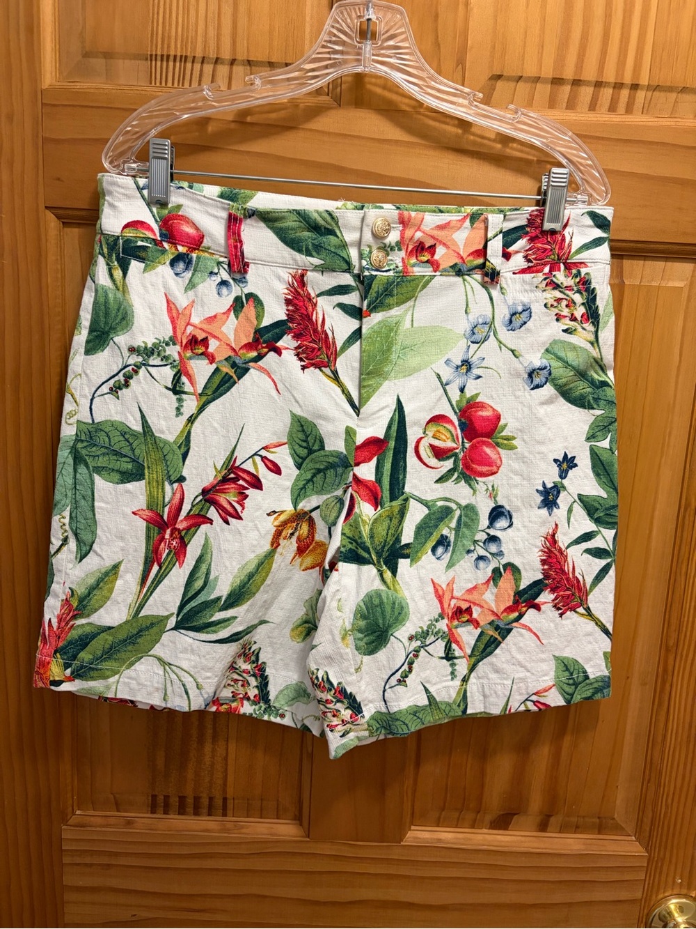 Chico's Tropical Floral Print High-Rise Shorts - White with Green & Red